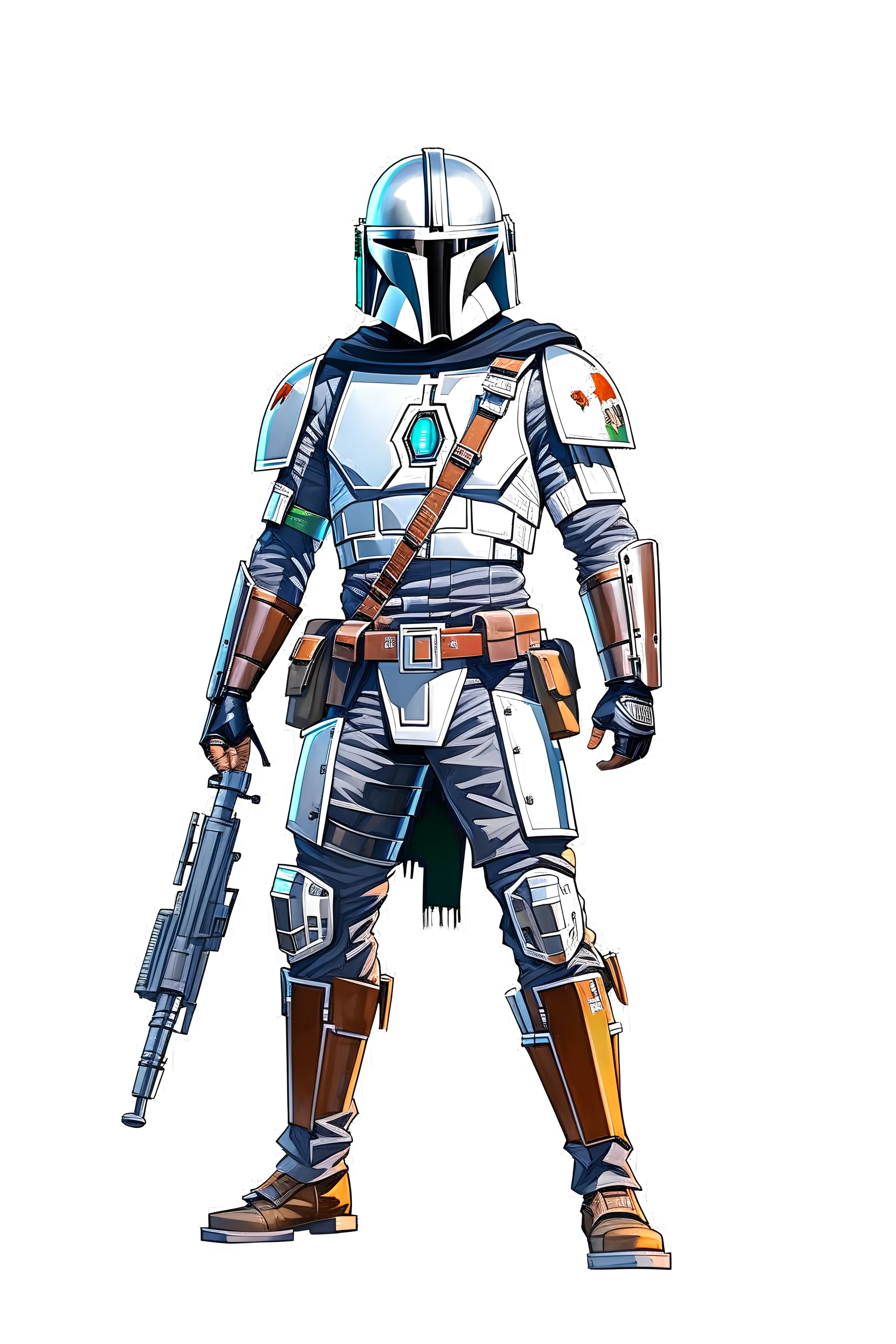 mandalorian star wars, high detailed concept art, front facing, dynamic pose, full body, disney, white background color, t-shirt design,