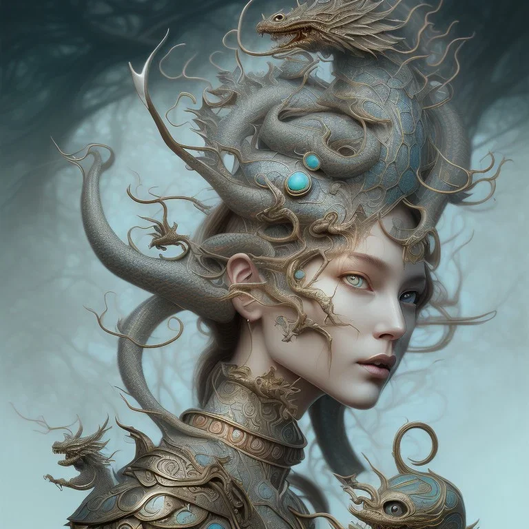 sango fantasy, fantasy magic, intricate, sharp focus, illustration, highly detailed, digital painting, concept art, matte, artgerm and paul lewin and kehinde wiley, masterpiece silver dragon head bronze Asian African nice breast Afo woman turquoise snow waves