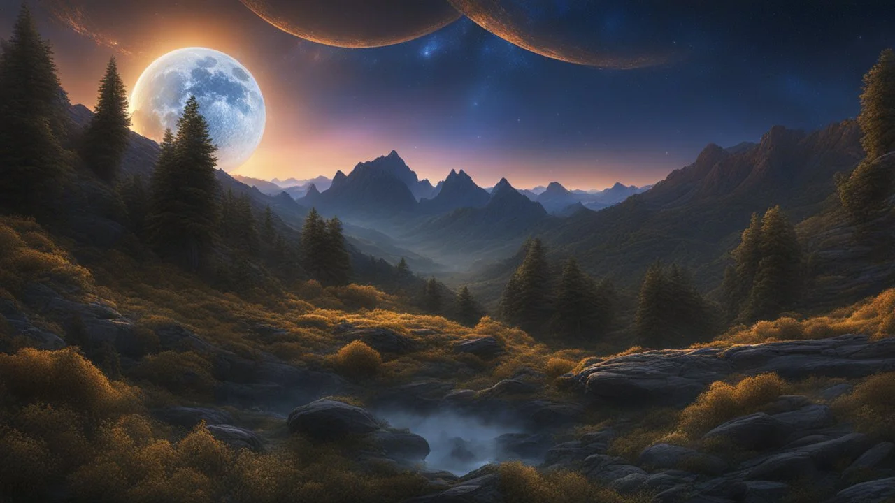 A stunning night sky seen from the bottom of a deep valley. millions of stars. Three moons. exquisite realism, a masterpiece, fantasy concept art, dynamic lighting, hyperdetailed, intricately detailed, deep color, Unreal Engine, volumetric lighting, Epic cinematic brilliant stunning intricate meticulously detailed dramatic atmospheric maximalist digital matte painting. Michael whelan.