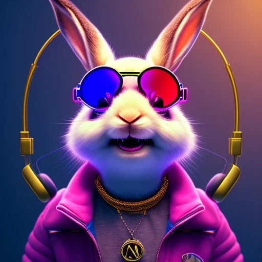 pixar style anamorphic cute smiling baby rabbit, smiling, cyberpunk headphone, sunglass, gangsta gold necklaces, full body, magenta puffer jacket, manila city background, dramatic lighting, hyper realistic, unreal engine 5, 16k