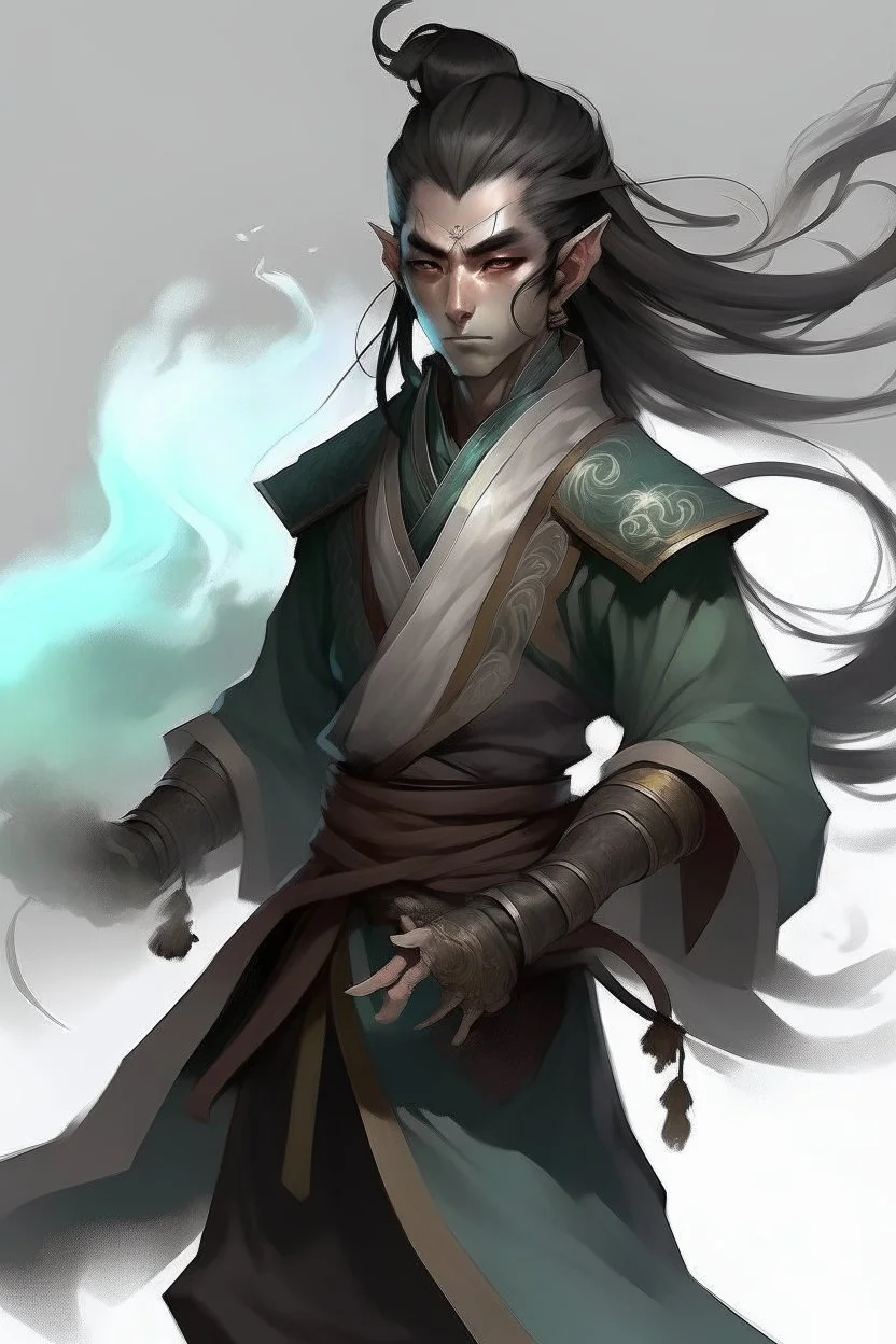 A young Air genasi from dnd with ashesen skin and asian flowing hair herematerial smoke Monk attire with ash giant Black Smoke Some hair Which Moke around him