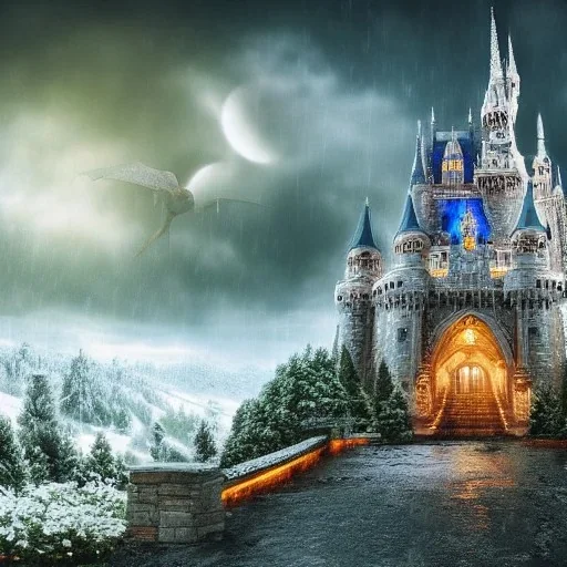 magic, castle, rain, landscape, snow, bright foreground, dragons