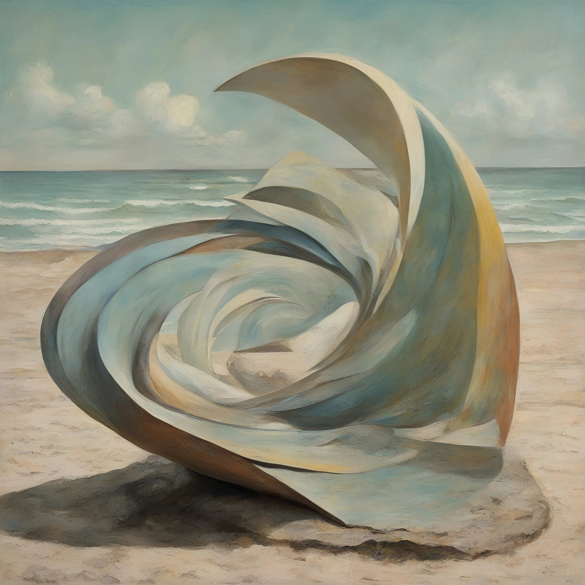 Impossible sculpture, beach, Max Ernst, pastel colors