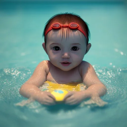 Baby swimming in pool unreal 5, octane render,cinema4d, dynamic lighting, dramatic lighting, 4k, redshift render, highly detailed, hyper realistic.