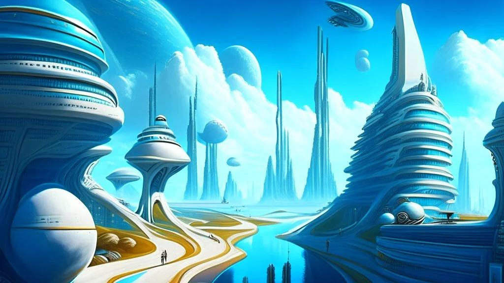 detailed alien cityscape, buildings with balconies, tracks, roads, paths, river, blue sky, white clouds