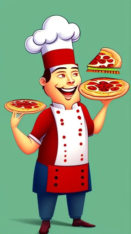 A design of a chef holding A plate of pizza his hand in a professional manner, without the background, He smiles and closes one of his eyes, cute cartoon ,Only his upper body is shown