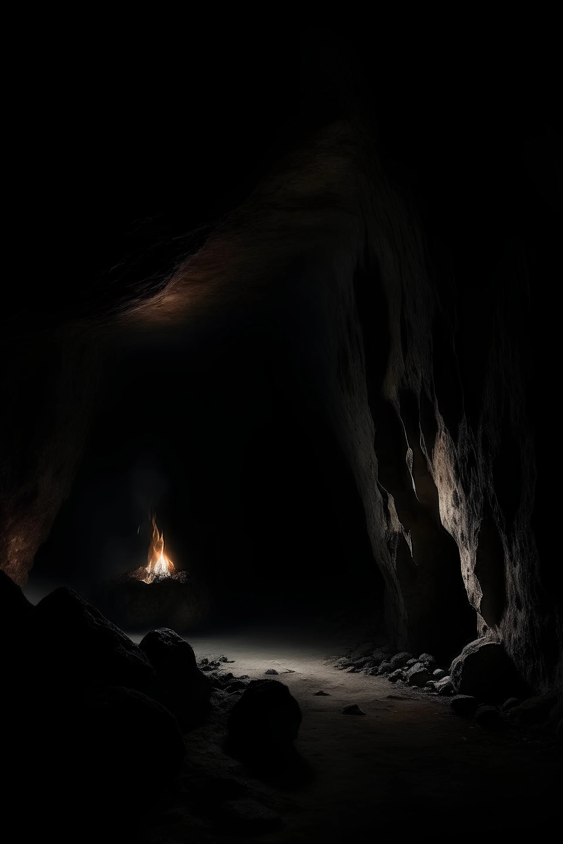a dark cave, a torch is burning on the wall