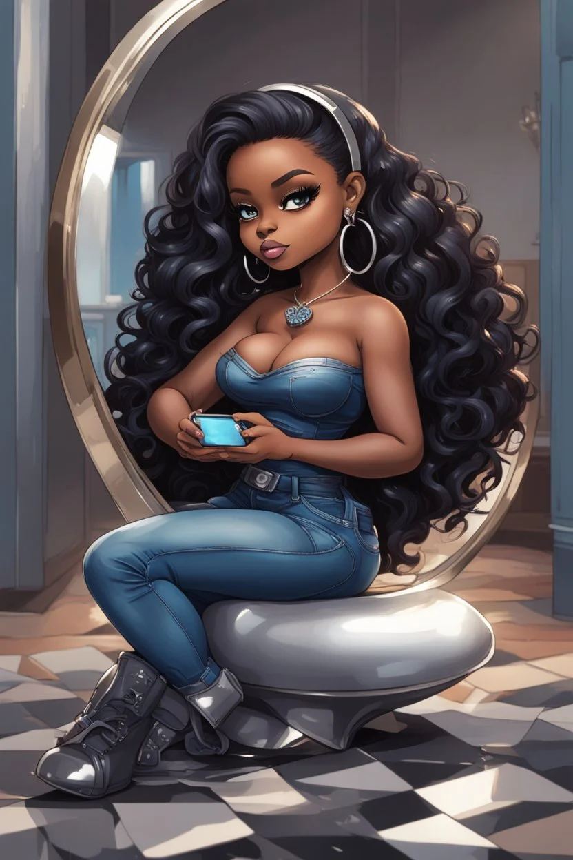 Create a futurism magna art of a black chibi curvy female sitting on the floor looking at herself in a hand mirror. She is wearing tight blue jeans and a black off the shoulder blouse. Prominent make up with lush lashes. Highly detailed long wavy hair. She is also wearing silver large hoop earringsart of a black chibi curvy female sitting on the floor looking at her cell phone. She is wearing tight blue jeans and a black off the shoulder blouse. Prominent make up with lush lashes.