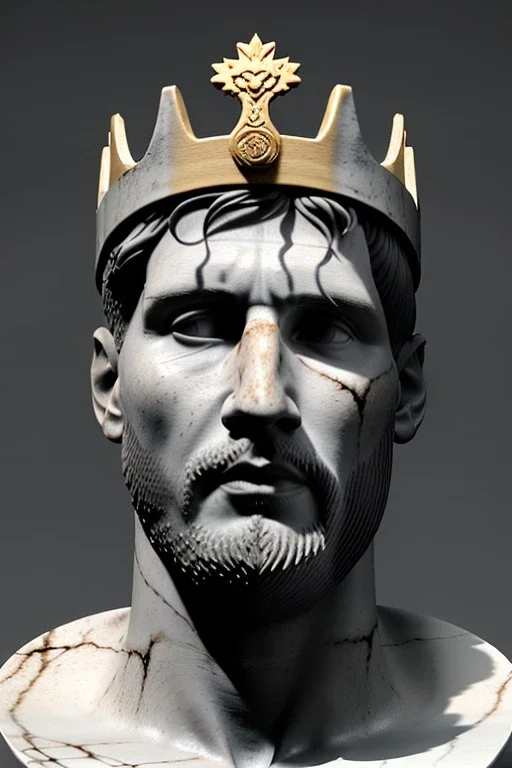 Ultra Realistic image, Roman sculpture, white marble material, Lionel Messi, gold crown of natural thorns, god crown, Renaissance style, sun rays background, waist up portrait, epic, celestial, cinematic lighting, God lights, 4k resolution, smooth details, soft lighting, unreal engine 5, art station, substance 3d.