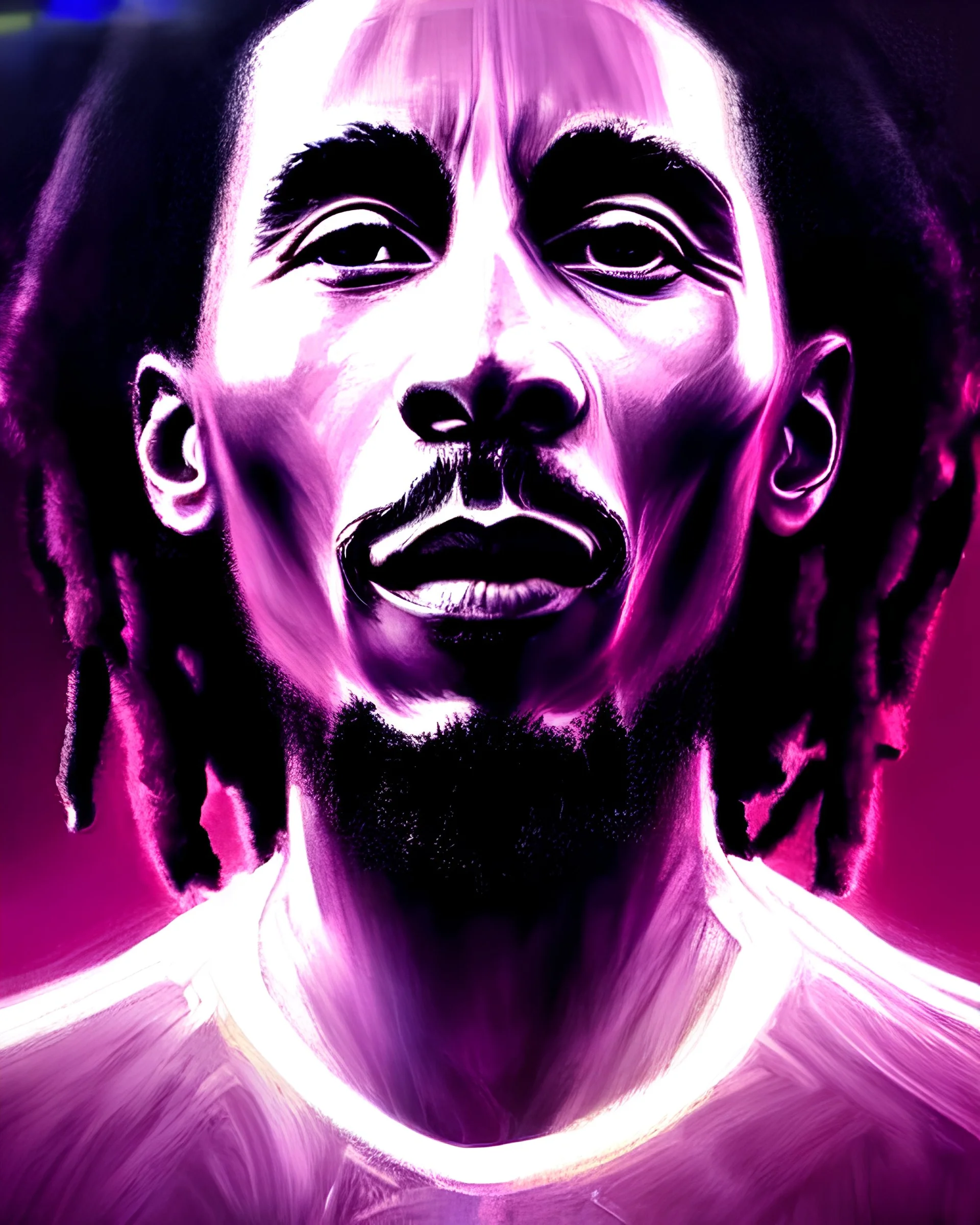 symmetry!! portrait of Bob Marley, sci-fi, cyberpunk, blade runner, glowing lights, tech, biotech, techwear!! intricate, elegant, highly detailed, digital painting, artstation, concept art, smooth, sharp focus, blur, short focal length, illustration, art by artgerm