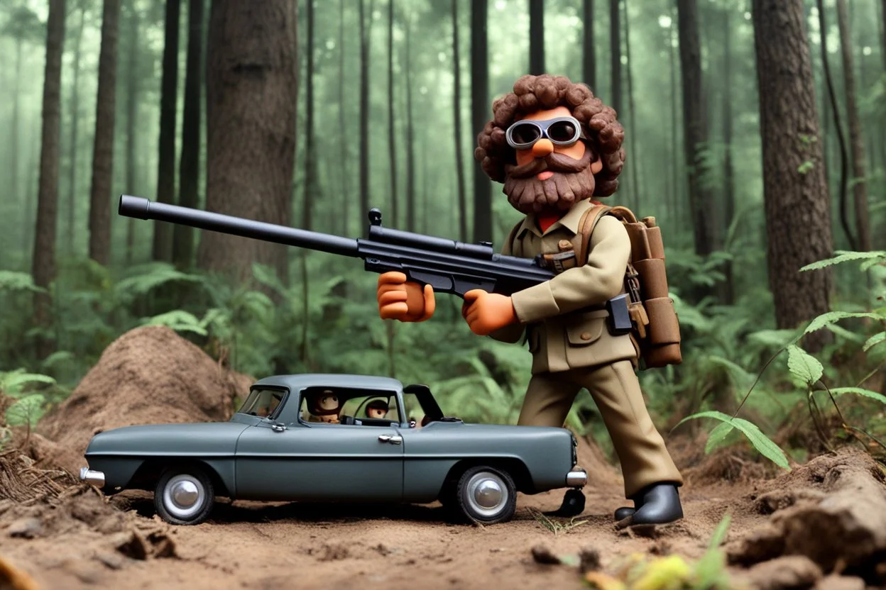 [1960’s stop-motion animation style in woods] a 70s rifle gun advertisement video TV featuring a crazy artist with black goggles brown curly hair and a grayish beard in combat fatigue holding a hunting rifle in front of his international scout automobile as a claymation character toy from a claymation horror movie in burning rainbow land, from hell, creepy Videos, eyeballs and trees everywhere , as old advertisement shot on video VHS