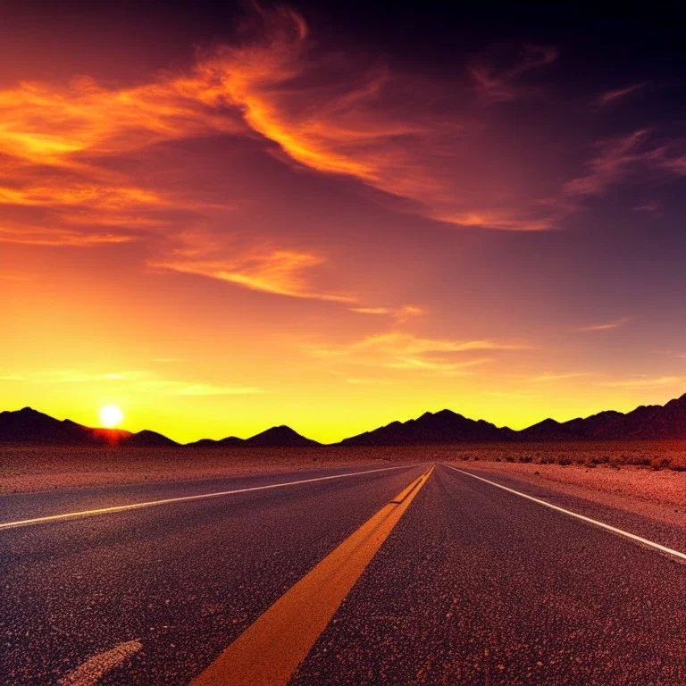 muscle car, desert road, sunset, full colour