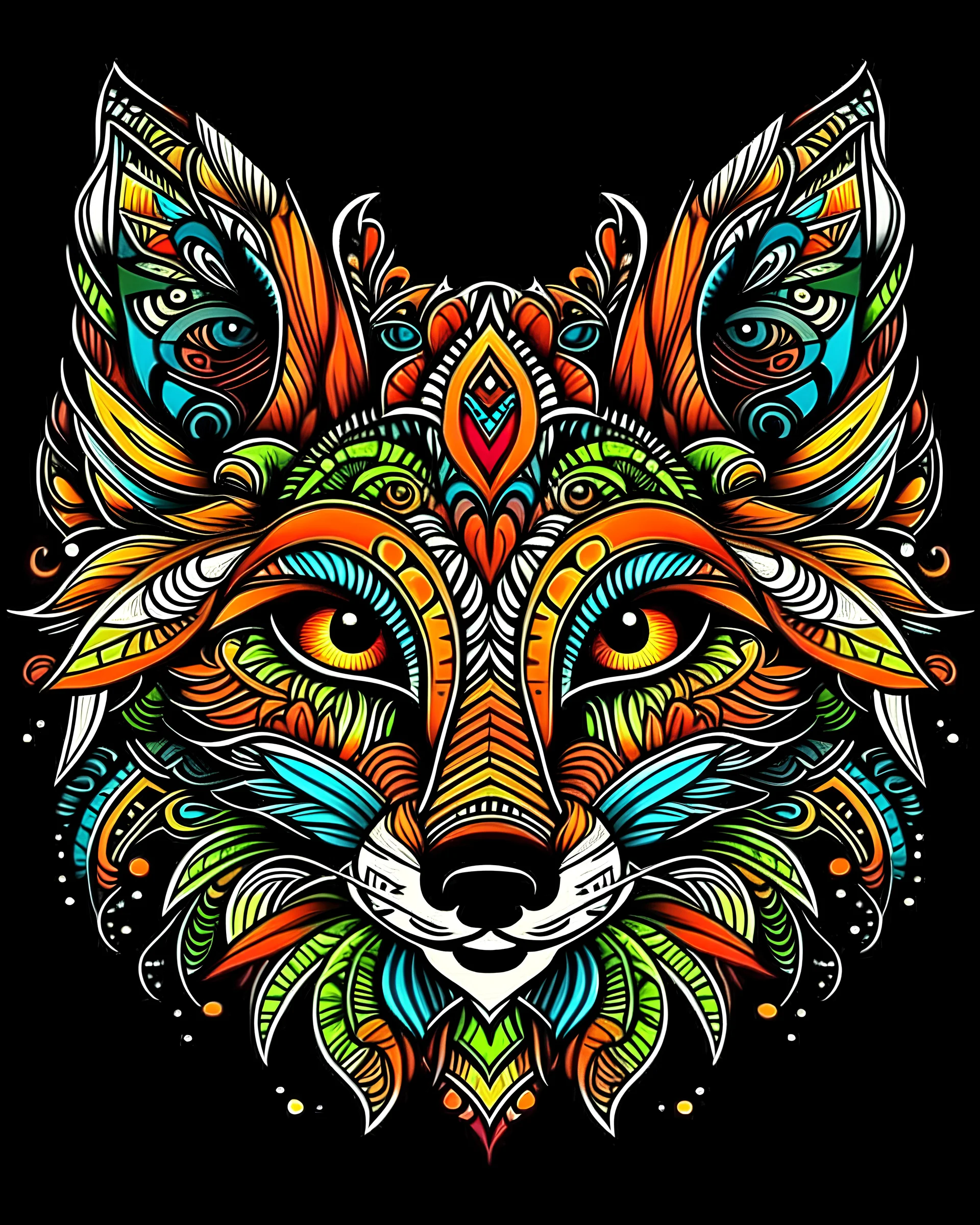 mandala style complex fox colorful page, vibrant color, clean black line, no break line, beautiful look, critical art, digital art, full page design, high resolution graphics, beautiful background dimension 9:16