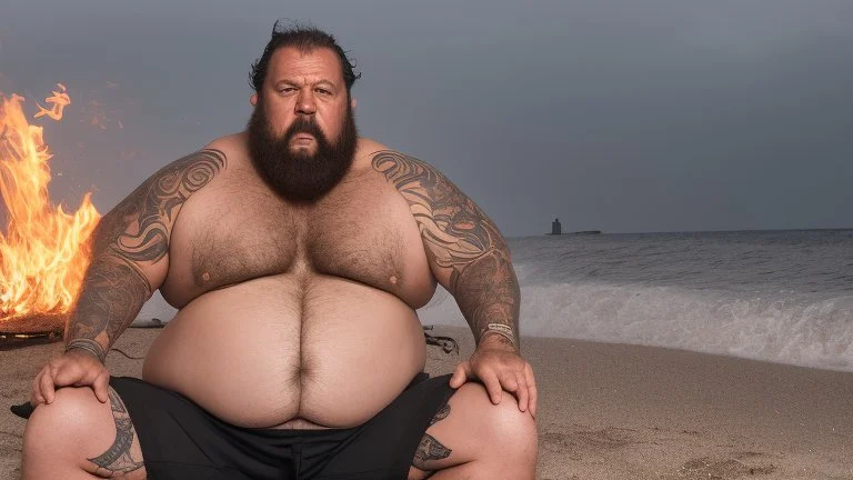 photography of a sicilian baywatcher burly sweat chubby 44 years old , swimwear, manly chest ,tattoo, curly hairs, long beard, sitting on a beach chairs at the beach at midnight , illuminated by bonfire, photorealistic, 8k, Canon EOS, 35mm lens, , unreal engine, greg rutkowski, loish, rhads, beeple, makoto shinkai and lois van baarle, ilya kuvshinov, rossdraws, tom bagshaw, alphonse mucha, global illumination, detailed and intricate environment