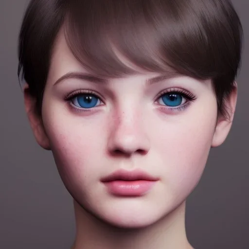 potrait girl look beautiful, close-up, dramatic, eyes like ocean blue, short hair, smile, 8k, rtx, eyebrows like serious, facing left, real, cute, hyper realistis