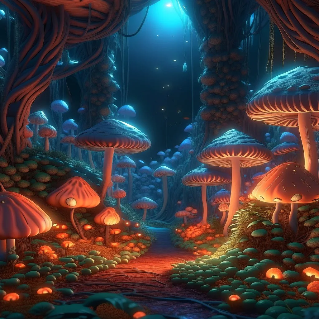 small space pod inside psychedelic mushroom grove, 8k, down-light, soft light, depth of field, photo realism, trending on art station, high detail