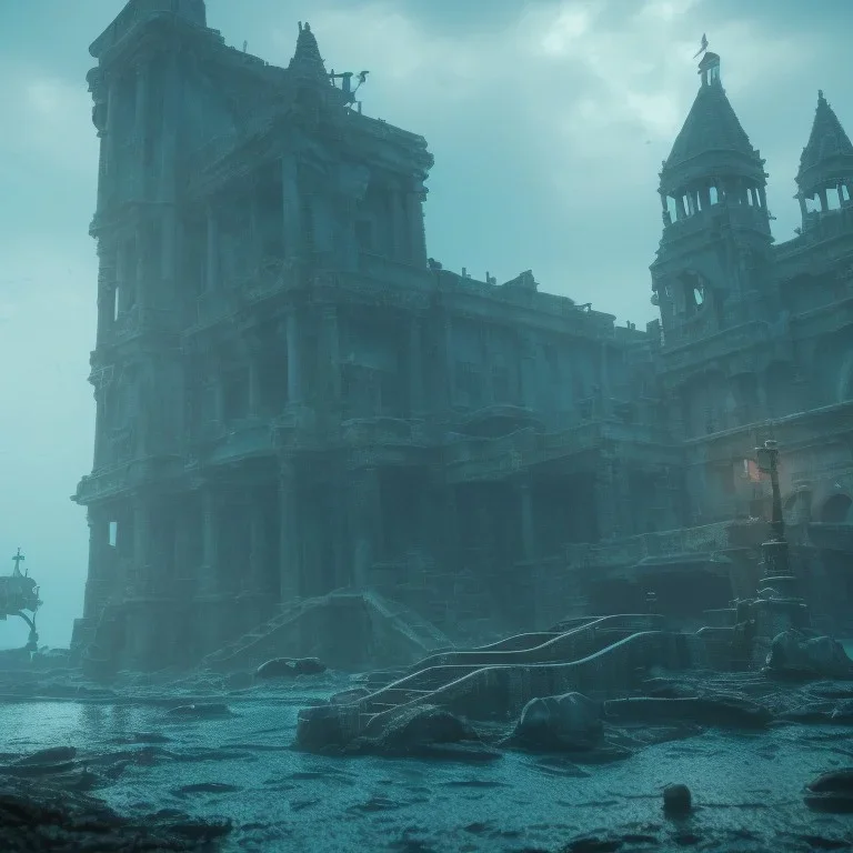 underwater, atlantis , futuristic, steps, and vaults. the city is abandoned and the water is murky and dark