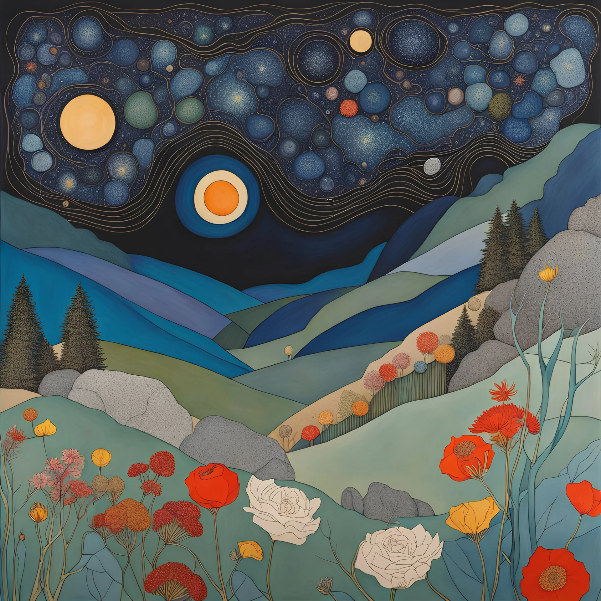 Colourful, peaceful, Egon Schiele, Max Ernst, night sky filled with galaxies and stars, rocks, trees, flowers, one-line drawing, sharp focus, 8k, deep 3d field, intricate, ornate