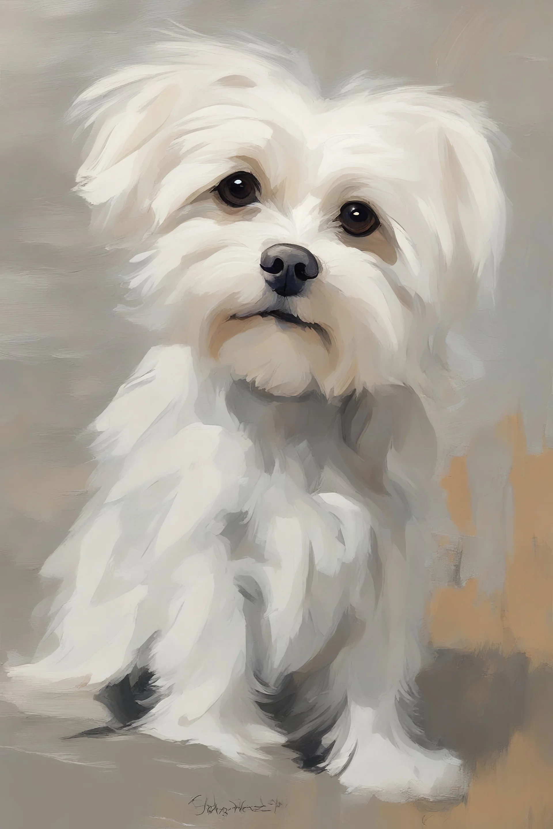 This image is a striking painting of a maltese terThe dog is facing forward with a slightly tilted head, giving it a curious and endearing expression. Its fur is rendered with expressive, textured impasto brushstrokes in earthy tones—creamy whites, browns, and hints of gray—that create a sense of depth and movement. The background is a soft, muted gray, which contrasts with the warm tones of the dog and helps it stand out as the focal point. The overall style blends realism with impressionism