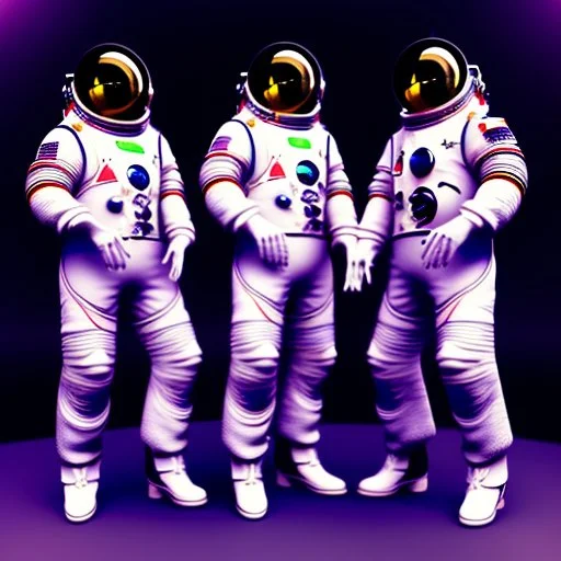 Members of a rock band with guitars and wearing spacesuits