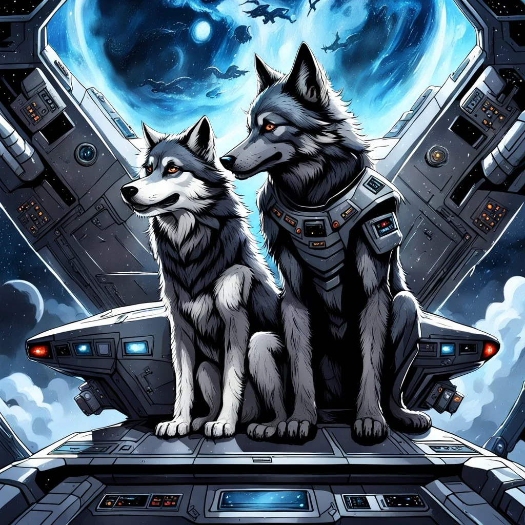 front in picture an of little dark dog like creature looking an anthropomorphic wolf couple that sitting on the spaceship's ramp close together, the female wolf sits behind male wolf and puts one paw on the wolfman's shoulder, raini day, high contrast, high detalied, high realistic, in background detail of a spaceship is visible. Rain, The atmosphere is a seamless blend of sci-fi and dark fantasy mood, professional photo