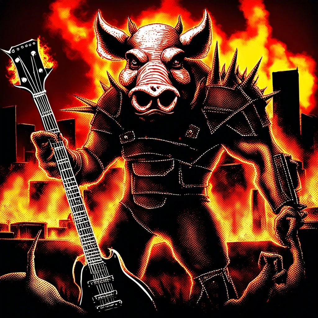 make a Album cover, death metal, and a big evil swine with guitar, the band name is Optimus Primus, burning factory in background