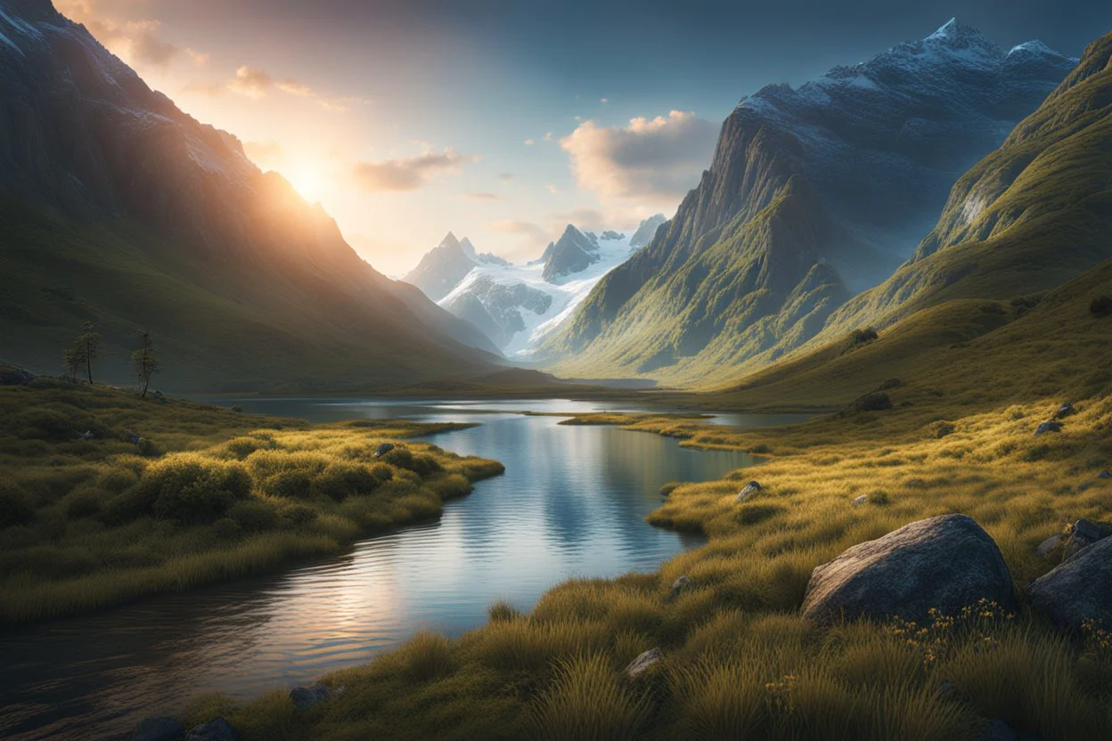 A fjord with marshland on one side and mountains on the other. fantasy concept art, exquisite realism, a masterpiece, dynamic lighting, hyper detailed, intricately detailed, deep color, Unreal Engine, volumetric lighting , Epic cinematic brilliant stunning intricate meticulously detailed dramatic atmospheric maximal,