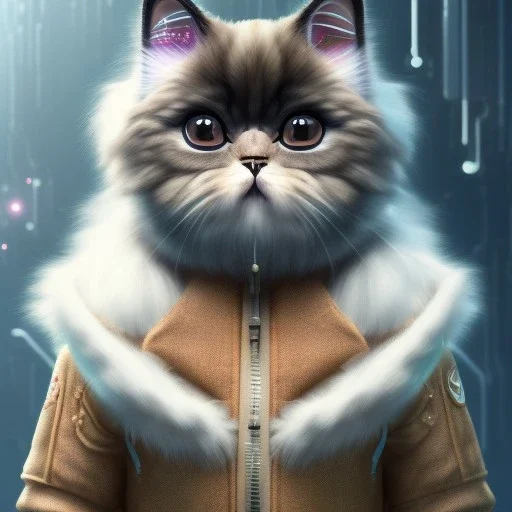 Cyberpunk Portrait of cyborg Persian cat child with brown hair and with cute face, north pole snowy vibe , perfect composition, hyperrealistic, super detailed, 8k, high quality, trending art, trending on artstation, sharp focus, studio photo, intricate details, highly detailed, by greg rutkowski