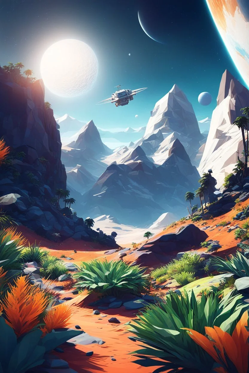 (((close midshot))), (((low poly art:2))), (astronaut), ultra-detailed illustration of an environment on a dangerous:1.2 exotic planet with plants and wild (animals:1.5), (vast open world), astroneer inspired, highest quality, no lines, no outlines candid photography. by Lekrot