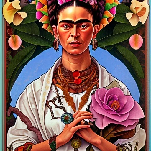 A beautiful portrait of Frida Kahlo by alphonse mucha, japanese tatoos, 4k, high details