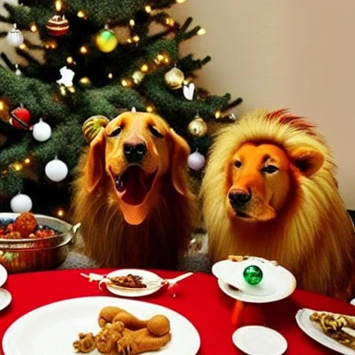 Dogs eating Christmas dinner with alien lion and floating ball, and exquisitely decorated turkey