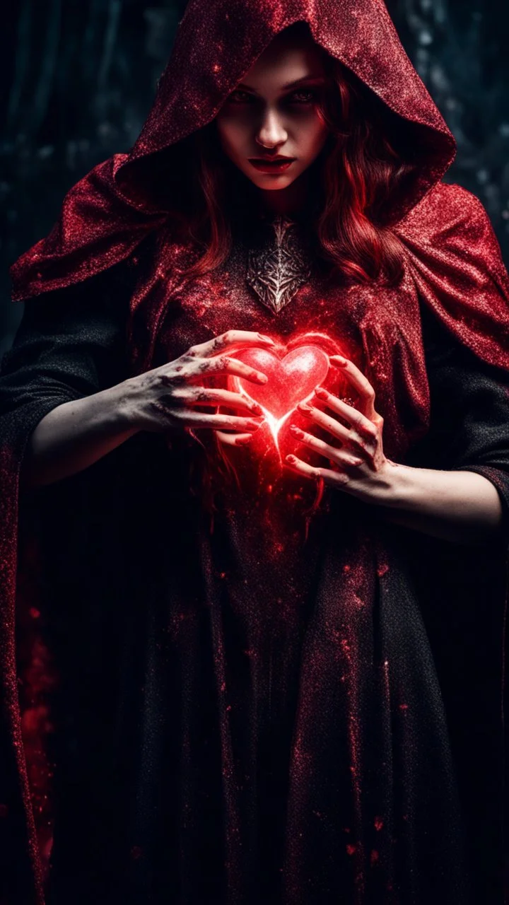 Wizard girl with heart bleed in her hands, half demon and half angel, 8k, macro photography, sparks around,