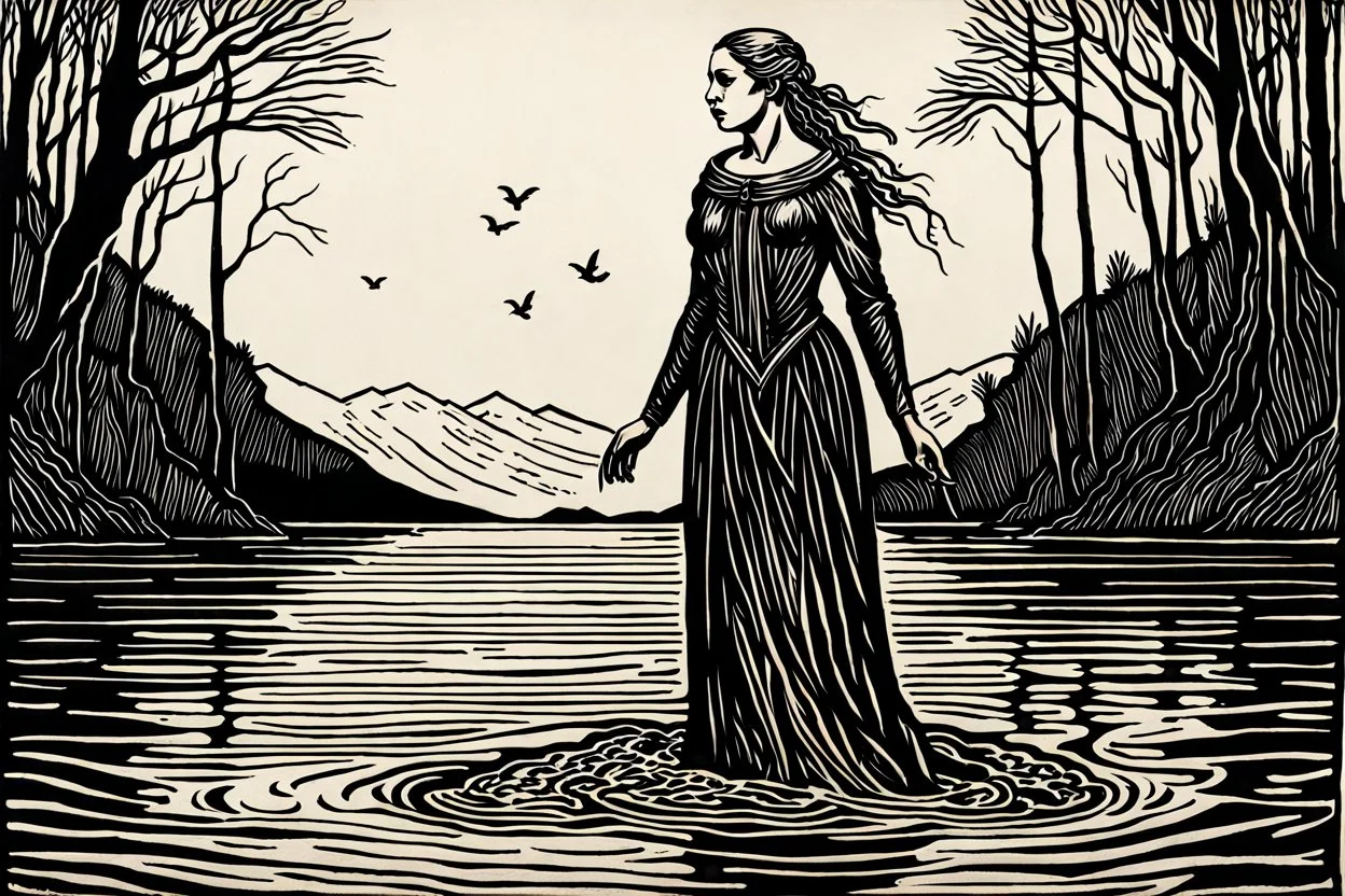 create a deeply powerful tragic, heart wrenching, and evocative, full body woodcut of the Lady of the Lake, with highly detailed and deeply cut facial features, in the style of KATHE KOLLWITZ , searing lines and forceful strokes