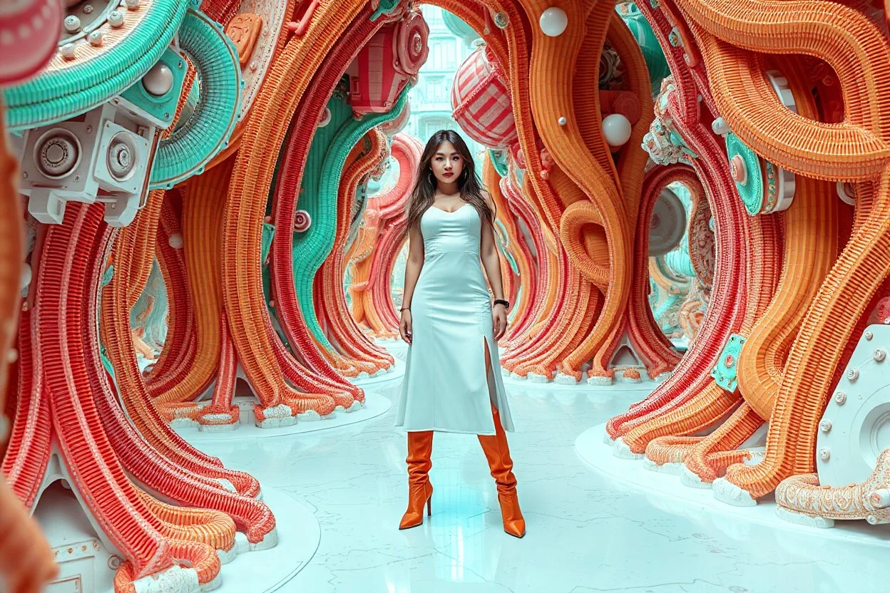 beautiful full body with long boots and midi dress lady in surreal interstar world made of fractal random size modern mechanical basic objects with helical strip colors,geers, in clothing similar to environment full body posing to camera