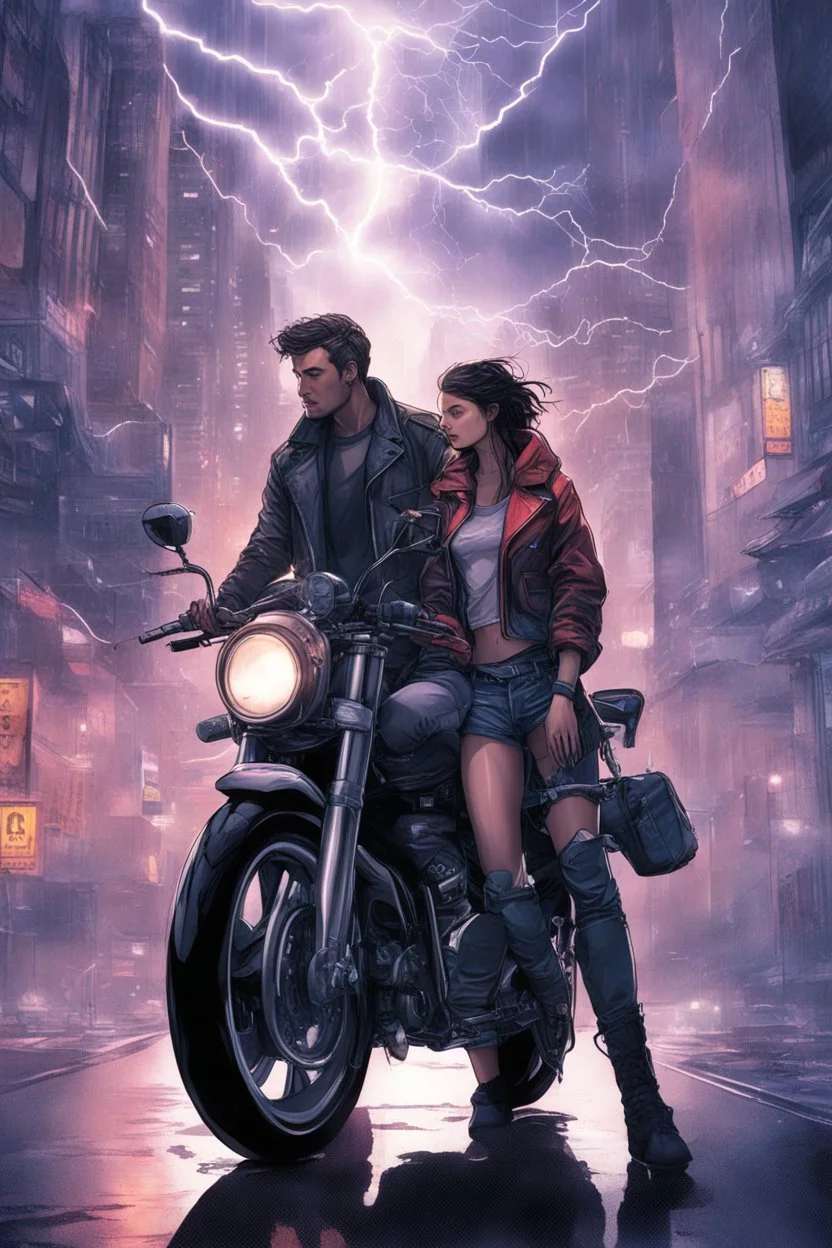 Science fiction, cyberpunk, city street, couple girl and guy, together, love at first sight, forbidden love, storm, lightning, motorcycle