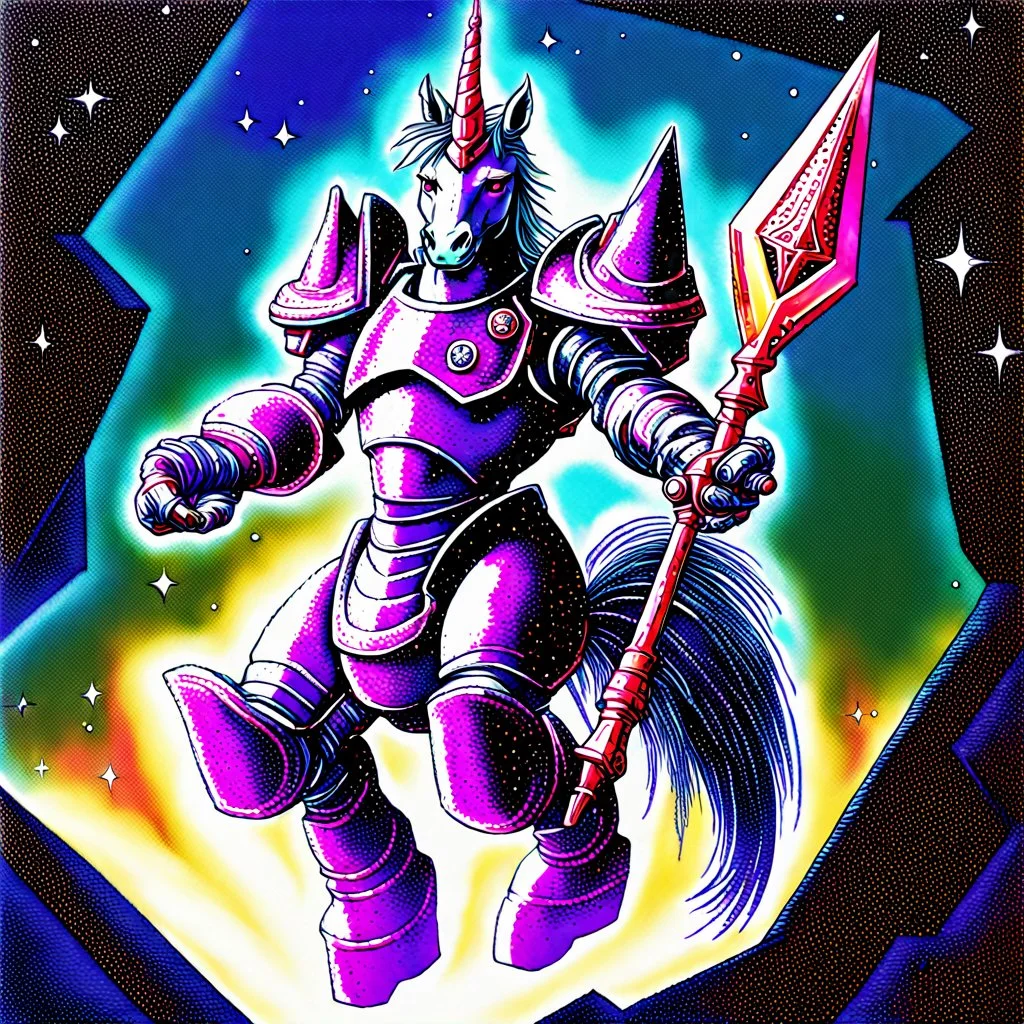 90's TCG art retro fantasy art of armored Space unicorn