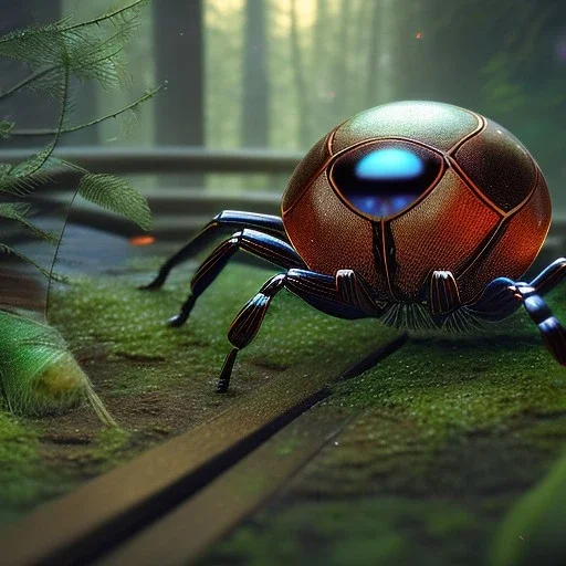 closeup on black widow spider , shiny round spider web ,wooden bridge in magical forest, spray painting, foliage frame, fantasy art , movie poster, Realistic photography, incredibly detailed, ultra high resolution, 8k, complex 3d render, cinema 4d, color corrected