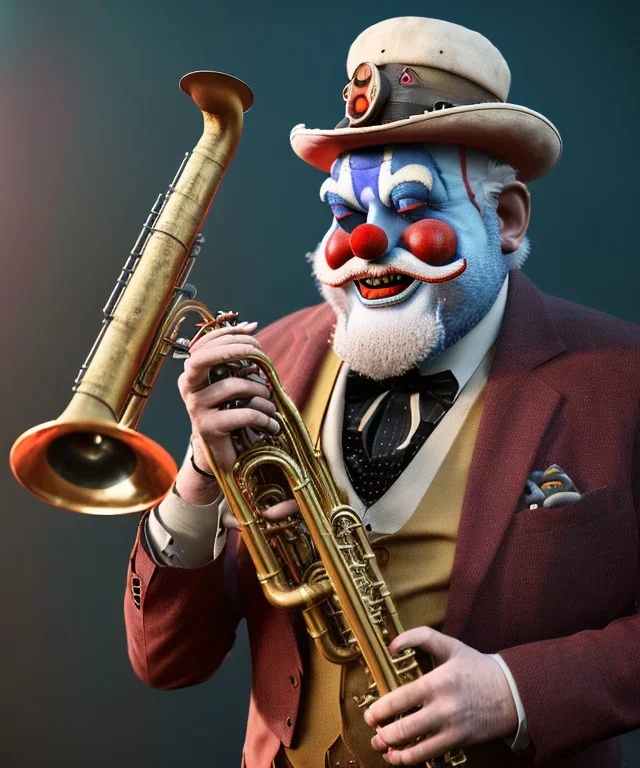 mechanoid old friendly fat clown with trimmed beard playing jazz with a steampunk theme, trumpet, realistic