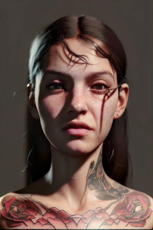 Ultra Realistic image, Rosalía artist, portrait, small complexion, natural small busty, traditional Japanese tattoo, vibrant color, highly detailed, art stations, concept art, smooth, unreal engine 5, god rays, ray tracing, RTX, lumen lighting, ultra detail, volumetric lighting.