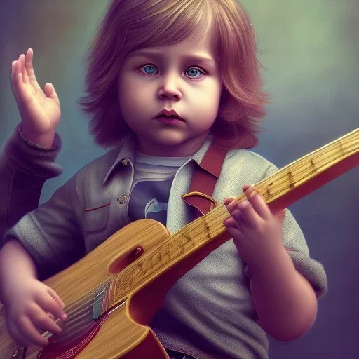 Mystery Kurt cobain toddler, full body, guitar, dramatique, art background, dramatic lighting, volumetric lighting, hyperrealisme, 8k, high quality, lot of details, fit within portrait, hyper realistic, unreal engine 5, uhd