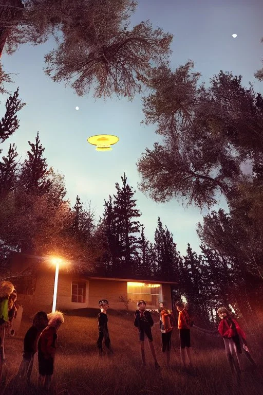 school kids see ufo flying over tall pine trees near a powerline with (three lights underneath) and lots of lights all around the edge, the year is 1966 in color, concept art, by Asaf Hanuka, by Weta Digital, Electric Colors, Screen Space Global Illumination, in a symbolic and meaningful style