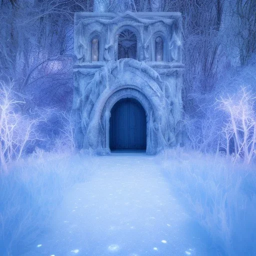 ethereal winter flowers, carved ice door at the end of ice steps, magical atmosphere, Beardsley, Unreal render, midjourney v4, cinematic blue