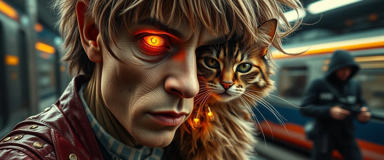 high class realism, dented skin, victorian era, cyber punk, A really close up portrait of one person individually mutated with hairy wigs glowing, and a long haired cat that just came out of a violent twister with its long hair twisted, background blur, high speed train, book cover, terrorists