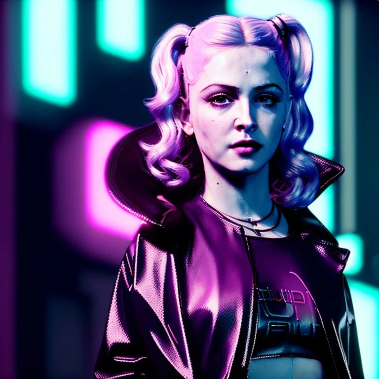 Actress, young madonna, blonde replicant woman, blade runner style, rain, fog, neon ambient, gradient color, clean skin, circuits, latex coat, cyber punk, neon, tubes, portrait, studio photo, unreal engine 5, smooth color, 16 bit, god lights, ray tracing, RTX, lumen lighting, ultra deatail, volumetric lighting, 3d, finely drawn, hd.