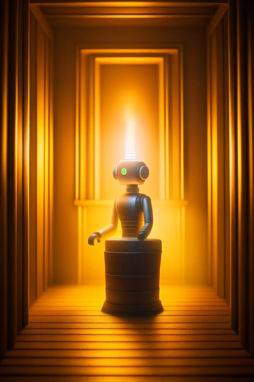 cute chat robot sitting on throne in the narrow walled sauna, its such a perfect day i am glad i spent it with you, motion blur, smoke, 4k, downlight, soft light, depth of field, photorealism, trending on art station