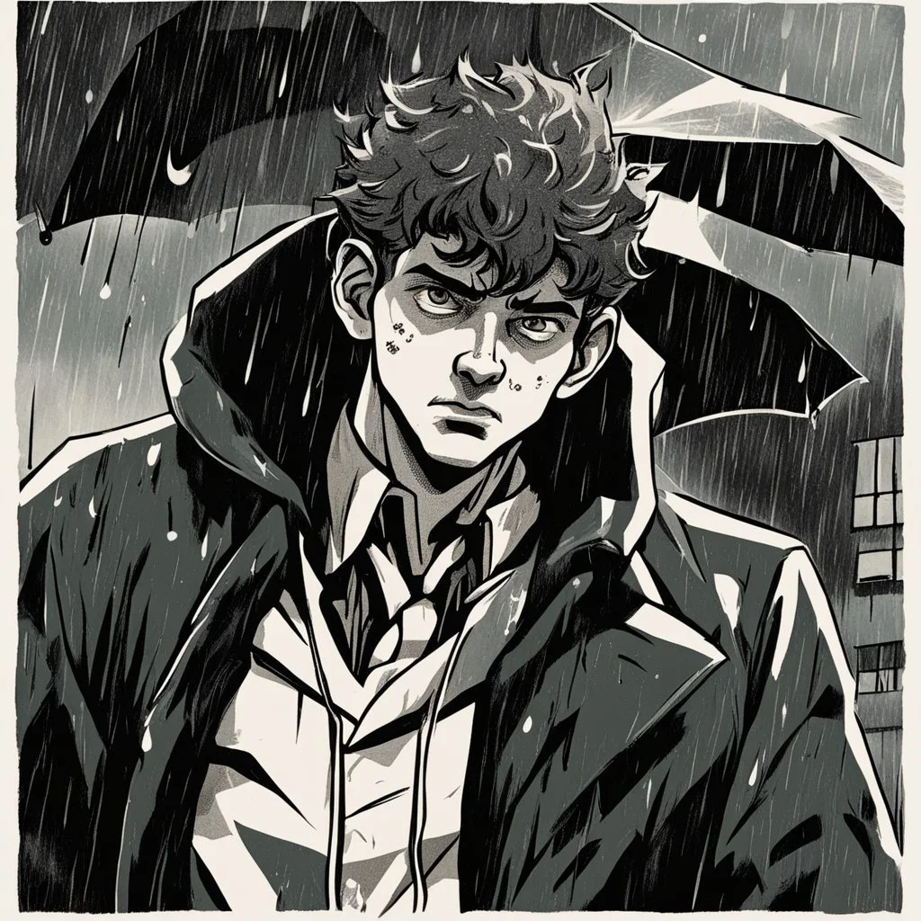 a closeup of a psychotic young man in a heavy coat during a rainstorm cartoon