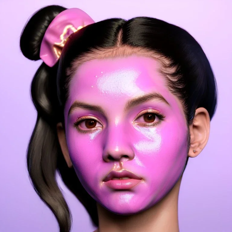 perfect symmetry, Rosalía artist, porcelain material skin mask complement on face, pink eyeliner, pigtails hair, gold, pink, geisha, led lights, fog, rain, latex, vibrant color, highly detailed, art stations, concept art, smooth, unreal engine 5, god rays, ray tracing, RTX, lumen lighting, ultra detail, volumetric lighting, 3d, finely drawn, high definition, high resolution.