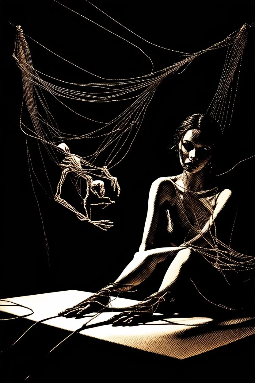 a surreal abstract image of a woman seated on a table, she is connected to string like a puppet, arms in air, moved by the strings, puppet like features in the face, beautiful face, looks desperate to break free, behind her is a huge image of a man holding the strings, creepy character,.zoomed in, dark and shadowy background with selective lighting on the woman