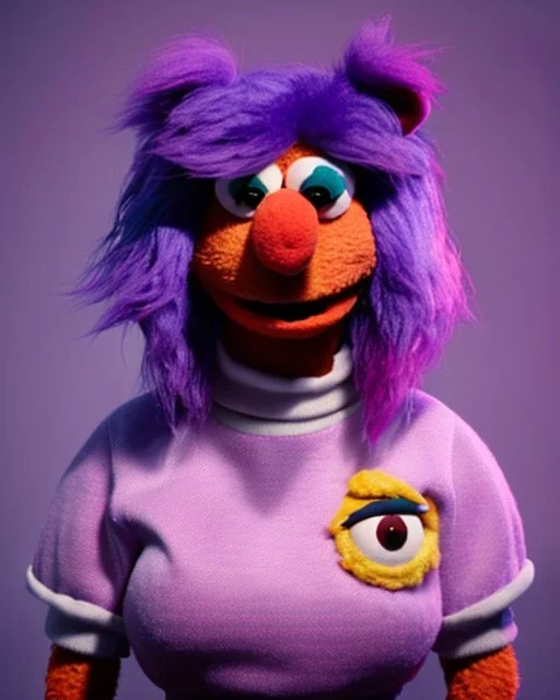 Portrait, waitress woman with monster muppet mask that covers her entire head, retro style, Sesame Street style, purple, smooth, unreal engine 5, god lights, ray tracing, RTX, lumen lighting, ultra detail, volumetric lighting, 3d.