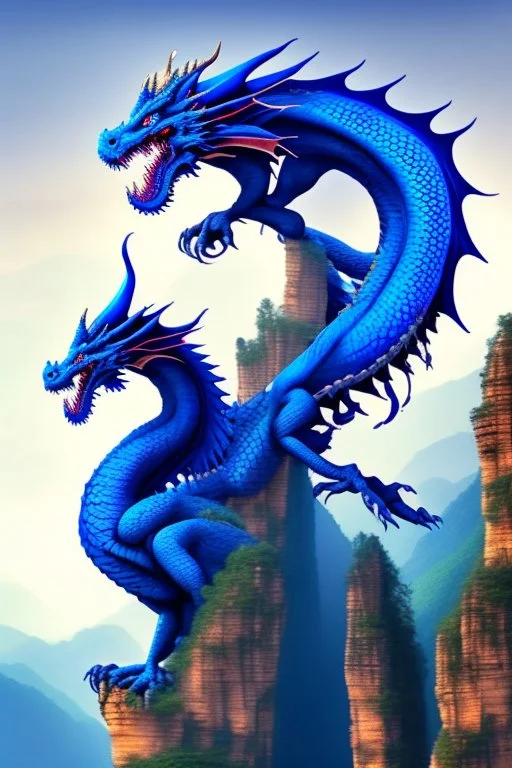 fantasy oriental blue dragon on top of Zhangjiajie